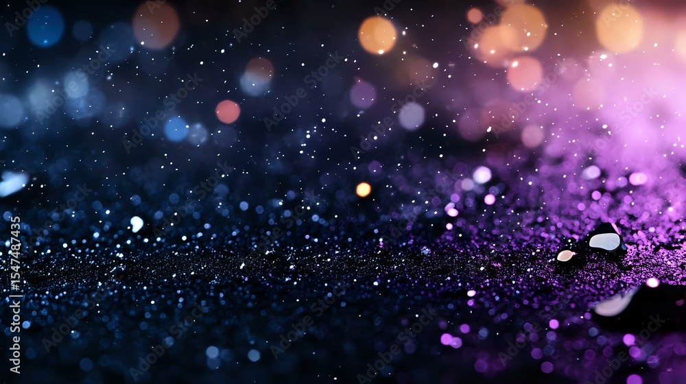 Poster magical glitter sparkles on dark background with purple and blue bokeh lights creating dreamy atmosp