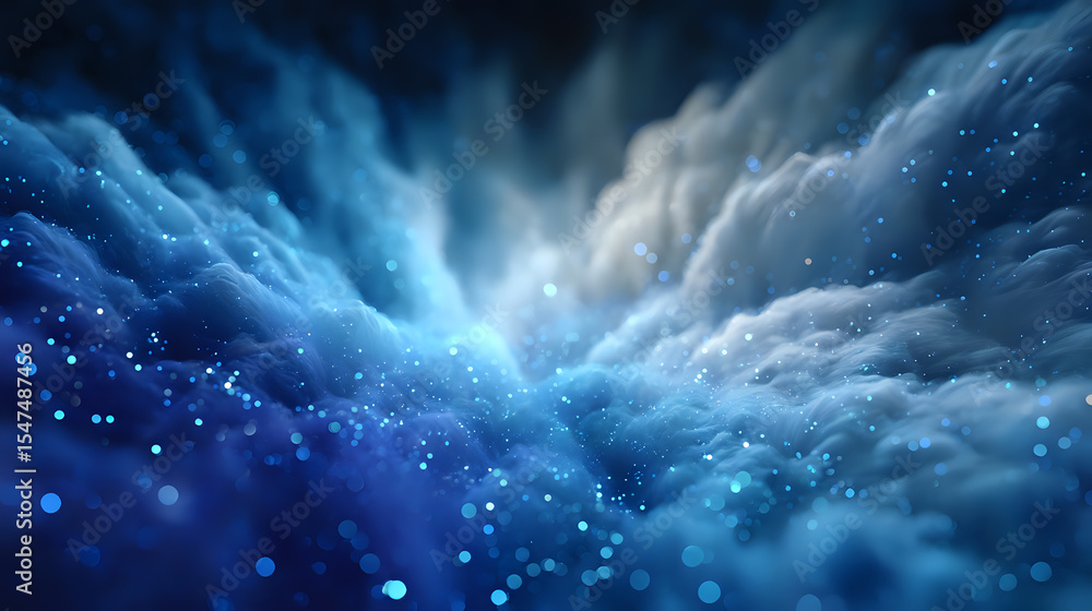 Aufkleber dramatic night sky with glowing blue clouds and sparkling bokeh lights creating mystical atmosphere.