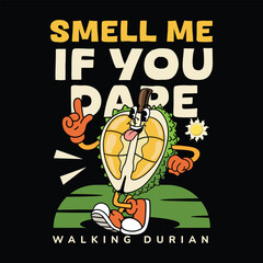 Cute Durian fruit 70s retro comic cartoon character illustration