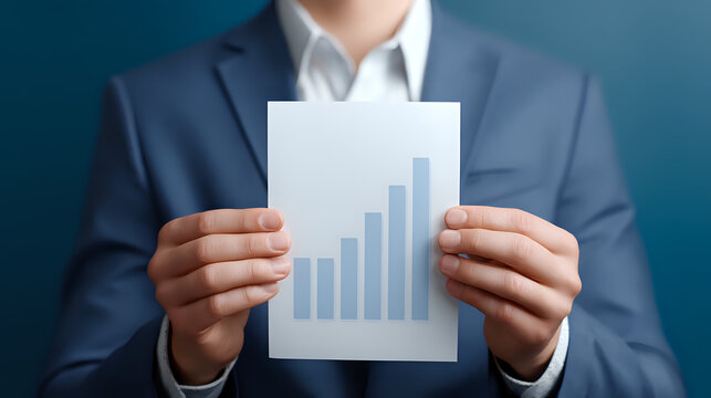 Asian businessman in navy suit holding financial bar graph chart showing growth trend on white paper against blue background. Concept of business success.