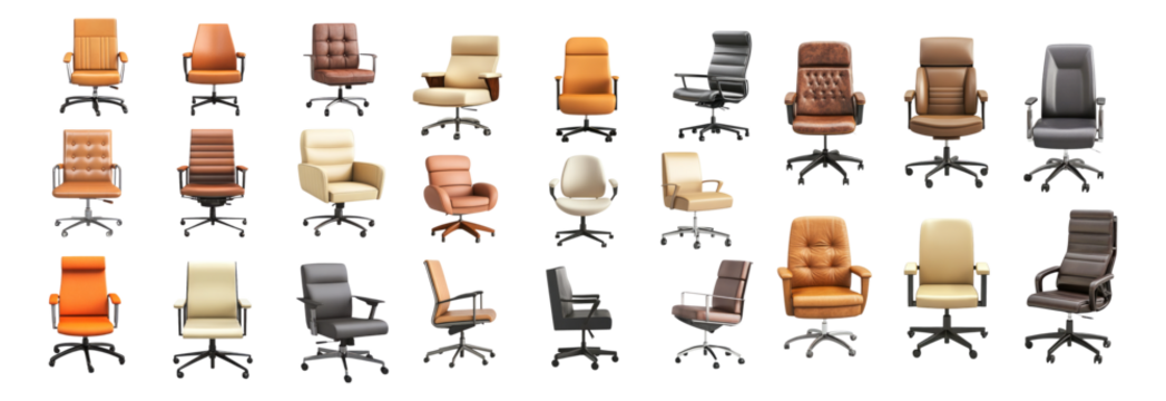 Variety of Modern Office Chairs Displayed in a Clean Arrangement, Isolated on Transparent, white background