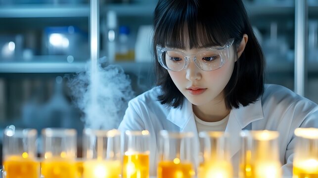 Young Asian female scientist in protective eyewear conducting research in modern laboratory with glowing test tubes and rising steam, focused on chemical experiment.