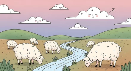 Fototapete Rund Dreamy pastoral scene with whimsical sheep grazing by a river under a sky with sleepy clouds © Ramlan