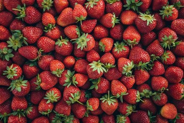 Fresh ripe strawberries top view. Bright red berries with seeds and green tops. Organic fruit rich in vitamin C, perfect for dessert, healthy snacks, breakfast, or natural food packaging background.