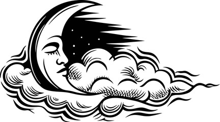 Fototapeta premium Vintage engraving crescent moon with human face blowing wind and clouds, black and white illustration