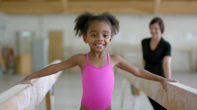 Little girl practices parallel bars exercises in artistic gymnastics at training center.