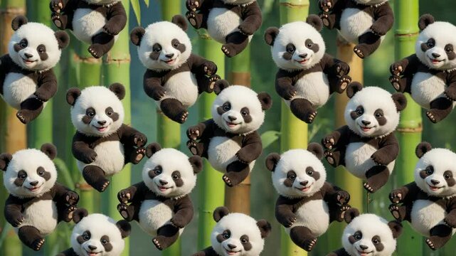 Seamless pattern of cute baby pandas playing and smiling amidst a vibrant green bamboo forest.