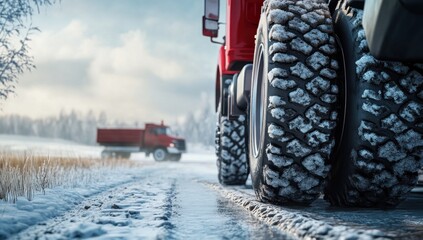 Red Truck on Snowy Road, Transport and Winter Landscape Photography