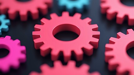 Pink and blue mechanical gears on dark background showing industrial machinery parts, technology concept and business process visualization.