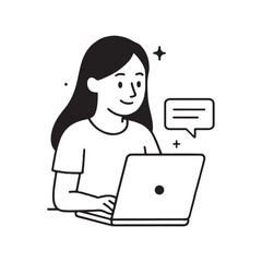 Woman working on laptop with digital communication and message icons