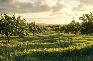 Scenic orange grove bathed in golden sunlight at sunset, a peaceful and idyllic landscape