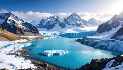 Naklejka premium A breathtaking view of icy mountains and a turquoise glacial lake under a clear blue sky, showcasing the beauty of nature.