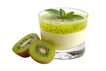 Kiwi Panna cotta with kiwi sauce in glass cup,for popular dessert, isolated on transparent background.
