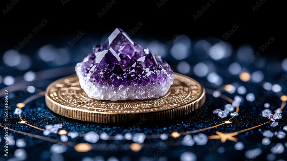 Poster raw amethyst crystal cluster on vintage golden coin against dark background with sparkling bokeh lig