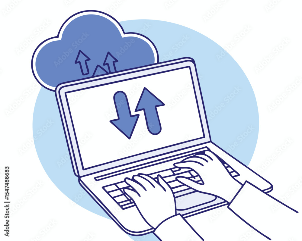 Poster cloud computing data transfer illustration of laptop connected to a cloud upload and download.
