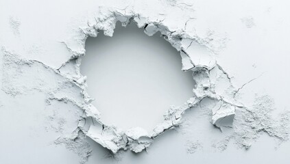 Abstract White Plaster Wall with Circular Hole Revealing Smooth Interior Surface