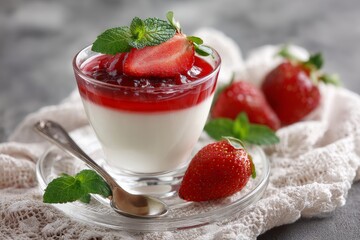 Delicious strawberry Panna cotta with berry sauce in glass cup,for popular dessert.
