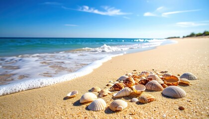 A beautiful beach scene featuring seashells scattered on golden sand by the gentle waves of a clear blue ocean under a sunny sky.