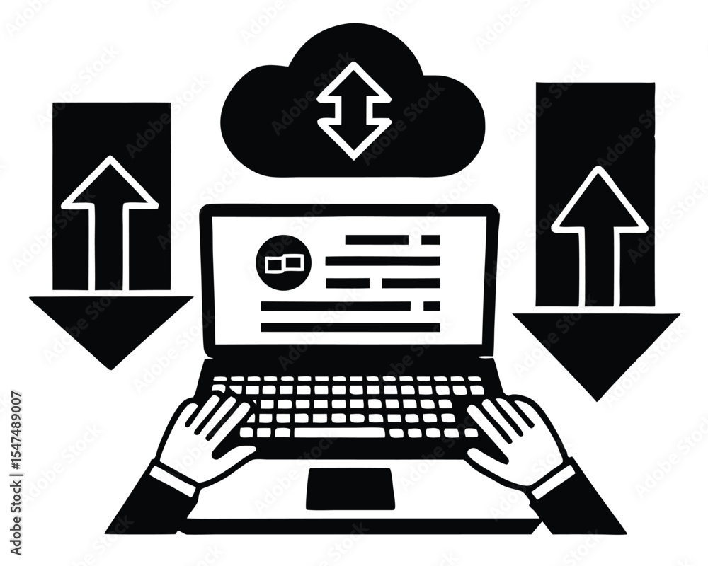 Poster laptop with cloud computing data transfer and uploading and downloading information. cloud computing