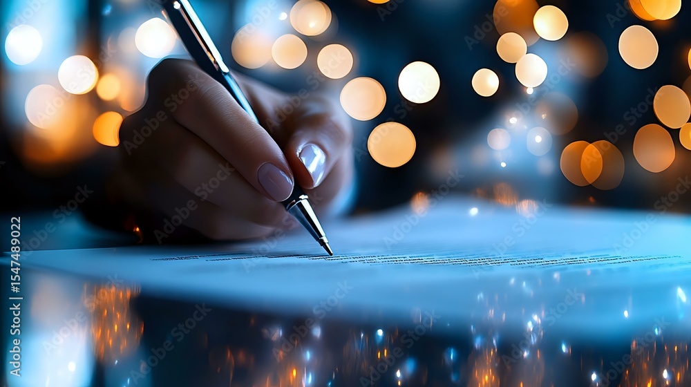 Poster person writing with pen on paper against blurred bokeh lights background creating magical atmosphere