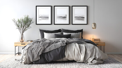 A stylish modern bedroom featuring a cozy bed with layered bedding in neutral tones and adorned with artwork on the walls.