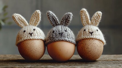 Fototapeta premium Fresh brown eggs wearing cute knitted bunny hats arranged in row on rustic wooden surface, creative Easter decoration concept for seasonal celebrations.