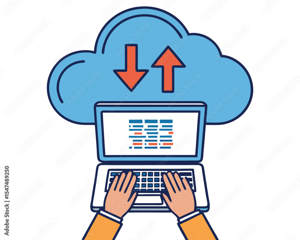 Poster cloud computing and data transfer process depicted with laptop and upload download arrows.