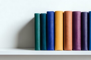 Row of colorful yoga mats rolled up and stored vertically on white shelf against wall, showing minimalist fitness equipment organization and storage.