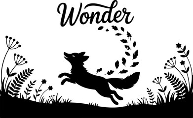 Enchanted Forest Night Silhouette moon, stars, wolf, deer, stag, fawn, owl, trees,  bundle vector