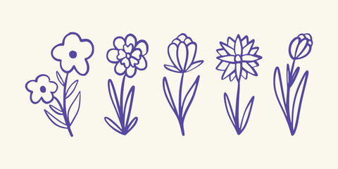 Whimsical Hand-Drawn Flower Icons in Vintage Botanical Line Art Style. Vector art illustration isolated transparent background
