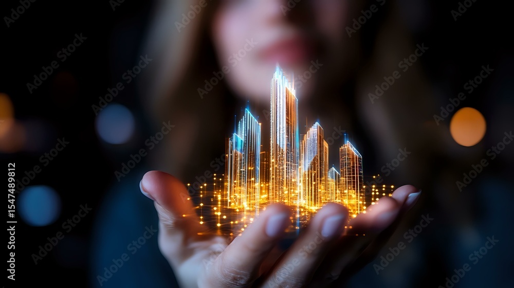 Poster glowing holographic cityscape with modern skyscrapers floating above open palms against dark backgro