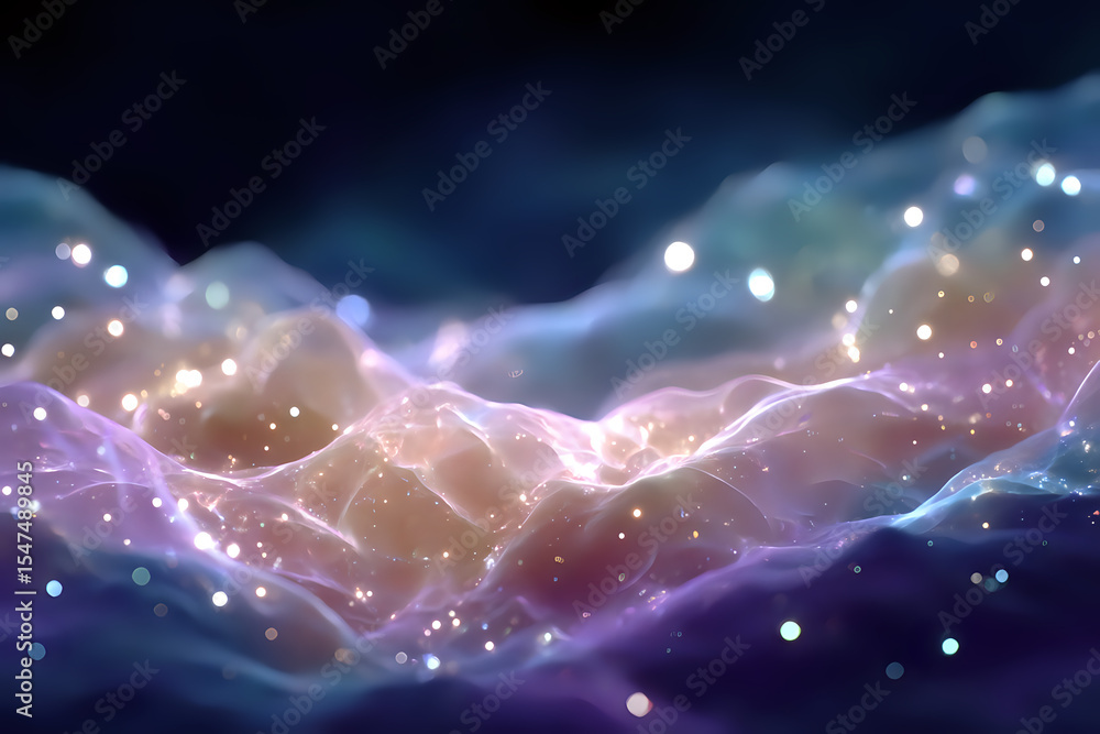 Poster abstract glowing waves with sparkles and bokeh effects on dark background, featuring soft pink and b