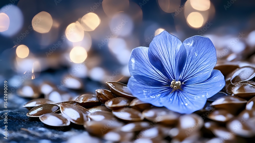 Poster delicate blue flower with soft petals against blurred bokeh background. artistic macro photography w