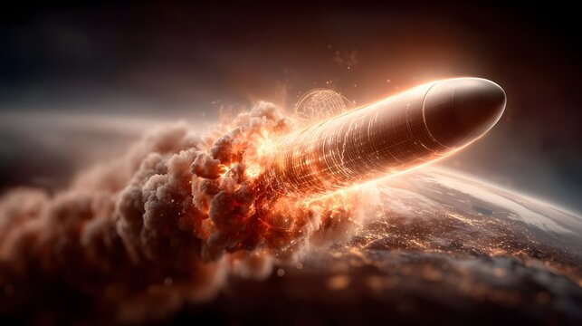 A massive rocket soars into the atmosphere generating intense flames and a dramatic plume of smoke as it propels itself skyward with immense power and speed