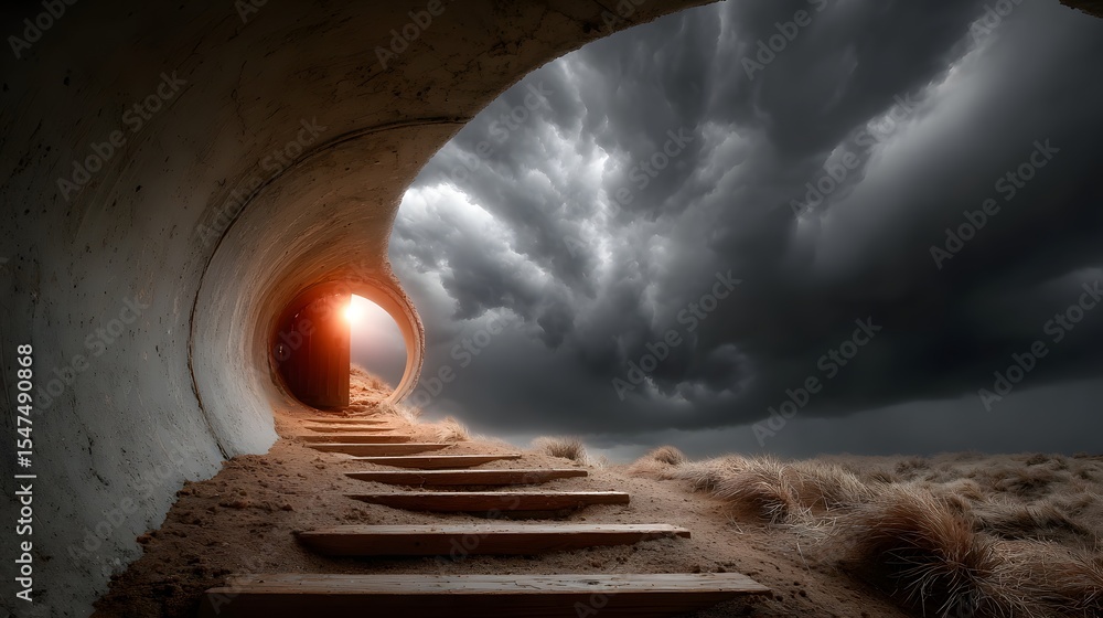 Poster a dark winding tunnel with a staircase leading towards an ominous sky filled with stormy clouds crea