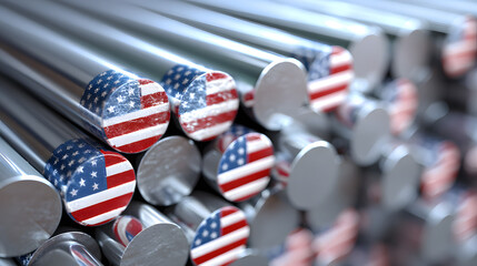 A close-up view of metallic rods featuring American flag designs at their ends, representing patriotism and industrial strength.