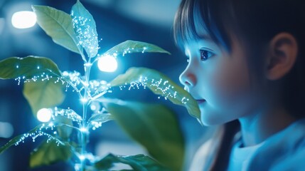 Naklejka premium Child observing glowing plant