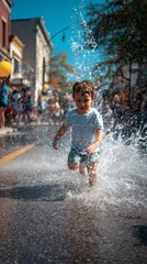 Child boy splashing in water on street during summer celebration  