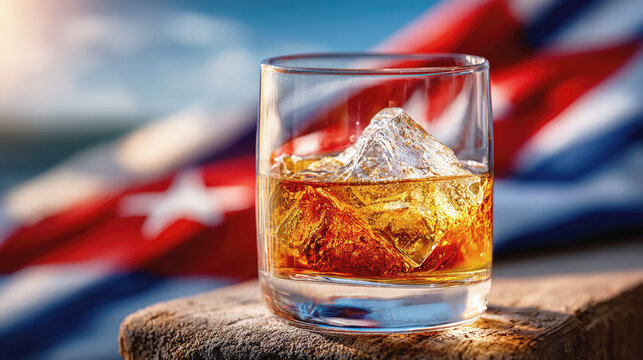 Glass of rum with ice on wooden surface, Cuban flag in background, symbolizing tropical lifestyle, culture and refreshing alcoholic beverage.