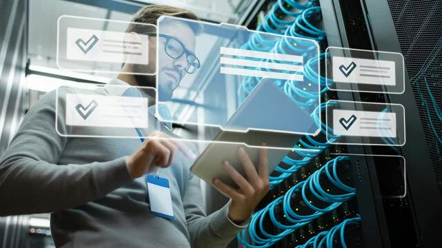 IT Technician Inspecting Server Room Network Infrastructure - Powered by Adobe