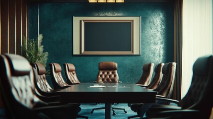 Luxurious boardroom, teal walls, leather chairs.