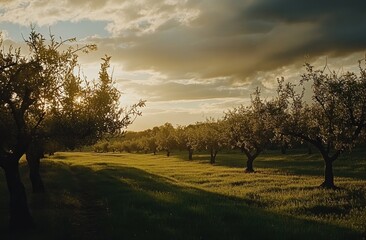 Picturesque Olive Grove at Sunset, Golden Light Filtering Through Trees