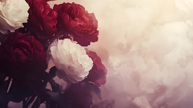 Romantic Red and White Peonies Bouquet, roses, flowers, red flowers, white flowers, red peonies