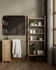 Mirror hanging over wooden table with towel rack next to display shelf in a bedroom or bath room.