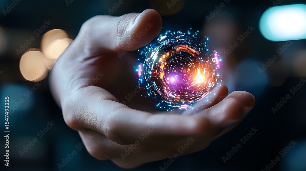 Aufkleber magical glowing energy sphere with colorful light particles floating above open palm against dark ba