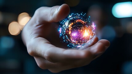 Magical glowing energy sphere with colorful light particles floating above open palm against dark background with bokeh lights, concept of supernatural power.