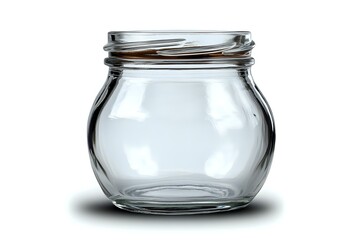 Empty round glass jar with screw top lid isolated on white background, suitable for preserves, honey or cosmetic packaging design mockups.