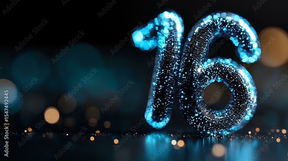 Aufkleber glowing blue number 16 with sparkle effect on dark background with bokeh lights, creating magical an
