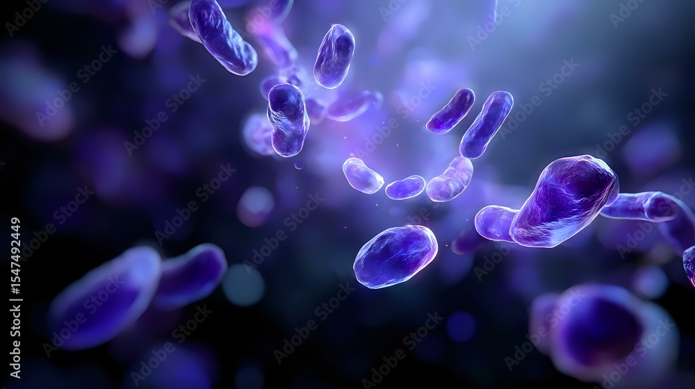 Poster microscopic view of glowing purple bacteria cells floating in dark space, illuminated with biolumine