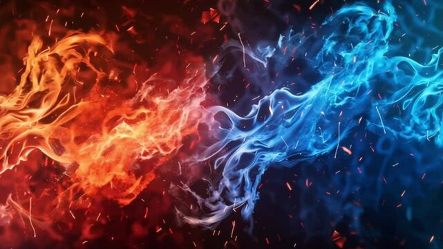 Glitch Fire Burst &ndash; Dual-Colored Flames in Red and Electric Blue with Digital Distortion and Neon Sparks